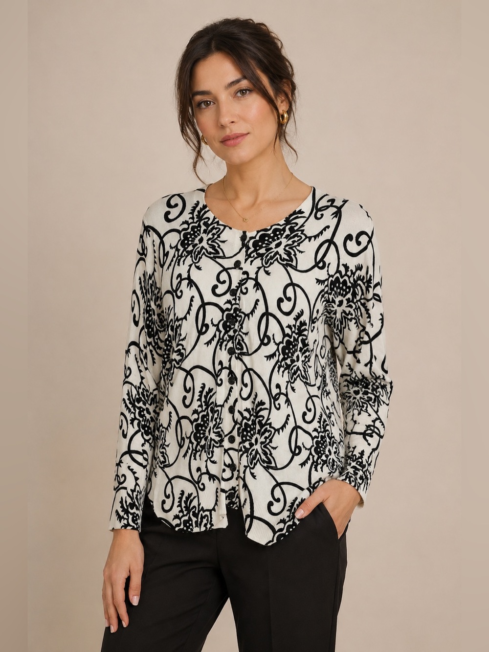 RED Black‎ White Floral Scroll Print Cardigan Sweater Womens Large